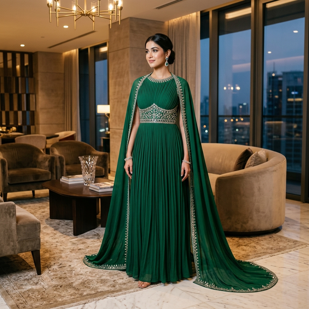 Emerald Green Indo-Western Georgette Gown