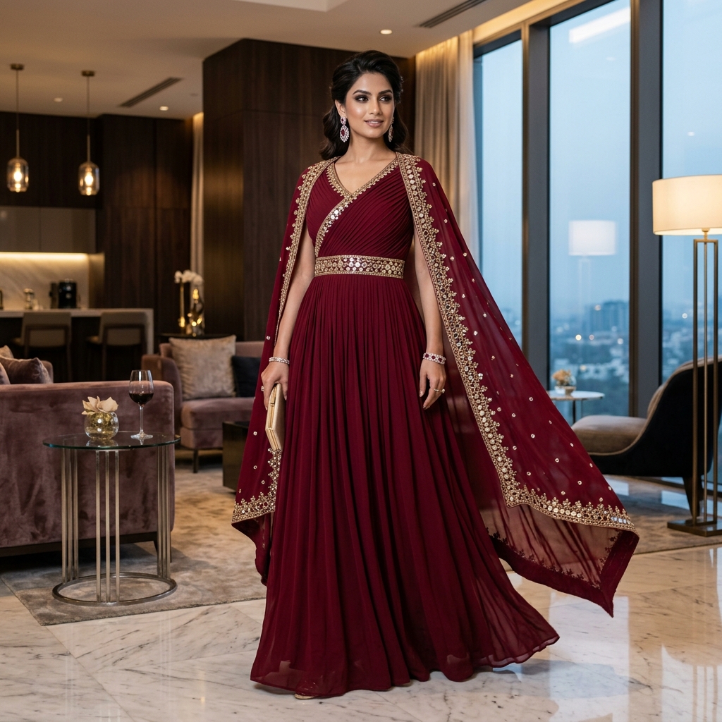 Wine Red Indo-Western Georgette Gown
