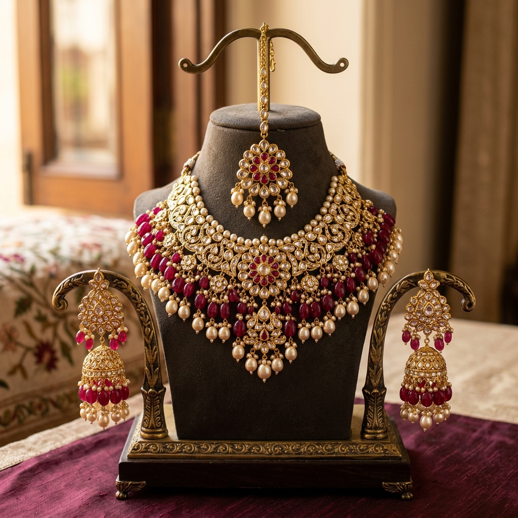 Ruby Pink Embellished Kundan Necklace Set
