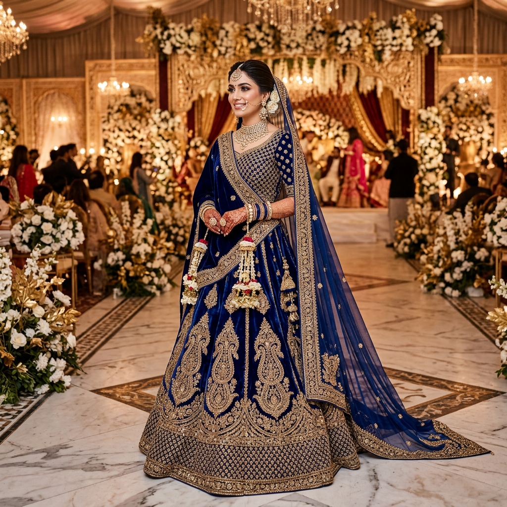 Deep Royal Blue Velvet Bridal Lehenga Choli