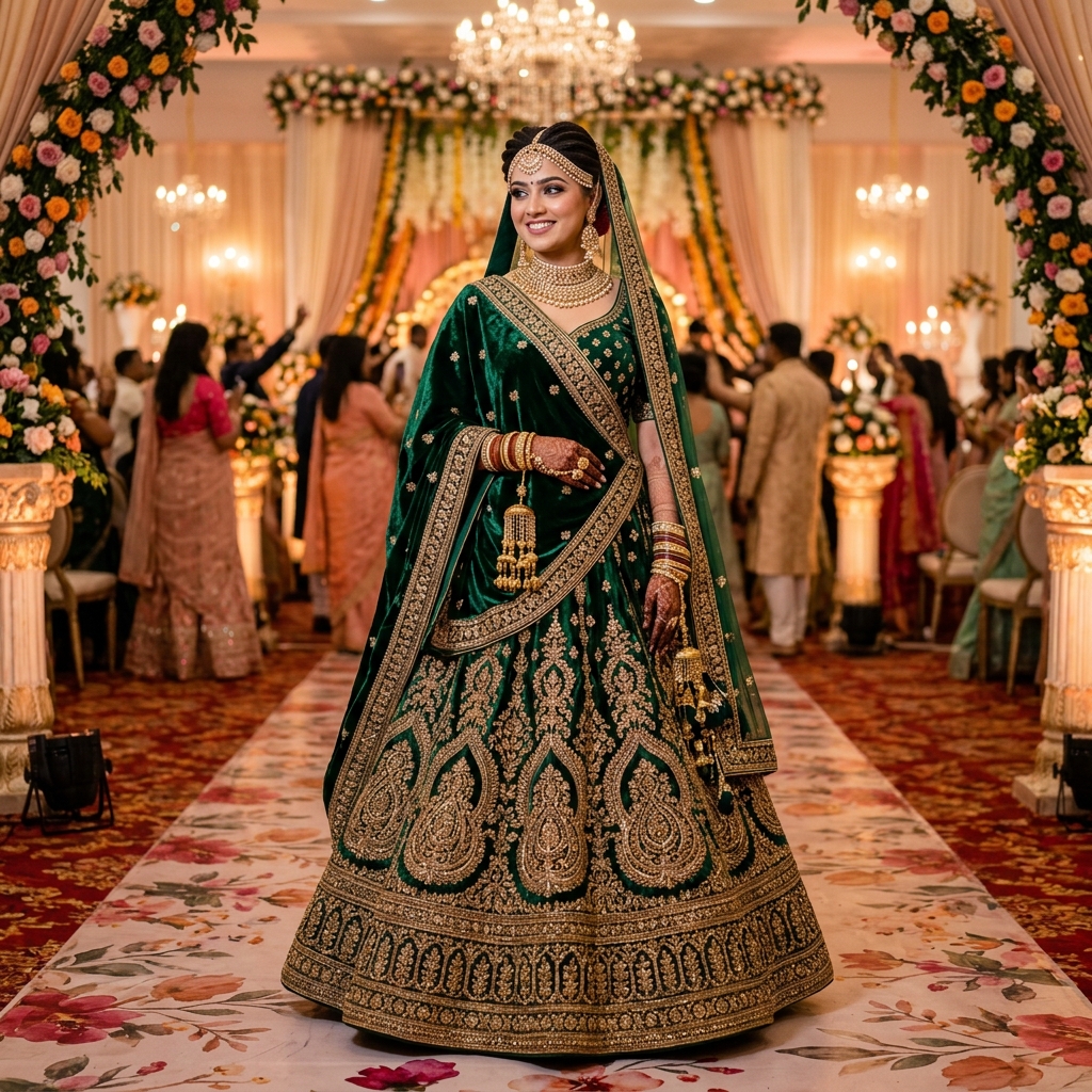 Emerald Green Velvet Bridal Lehenga Choli