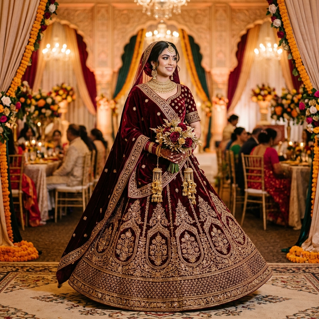 Maroon Velvet Bridal Lehenga Choli