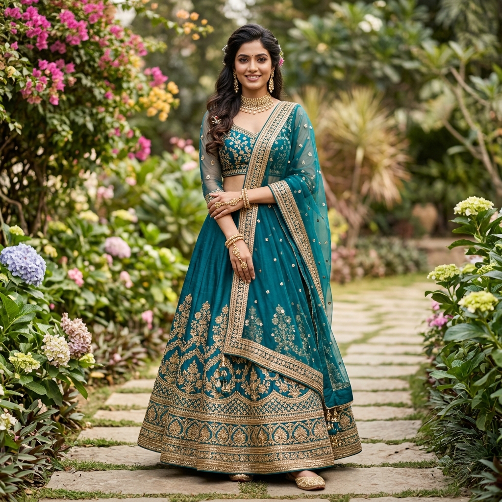 Radiant Teal Slub Kota Silk Zari Weaving Work With Paithani Border Fish Cut Lehenga Festive Wear