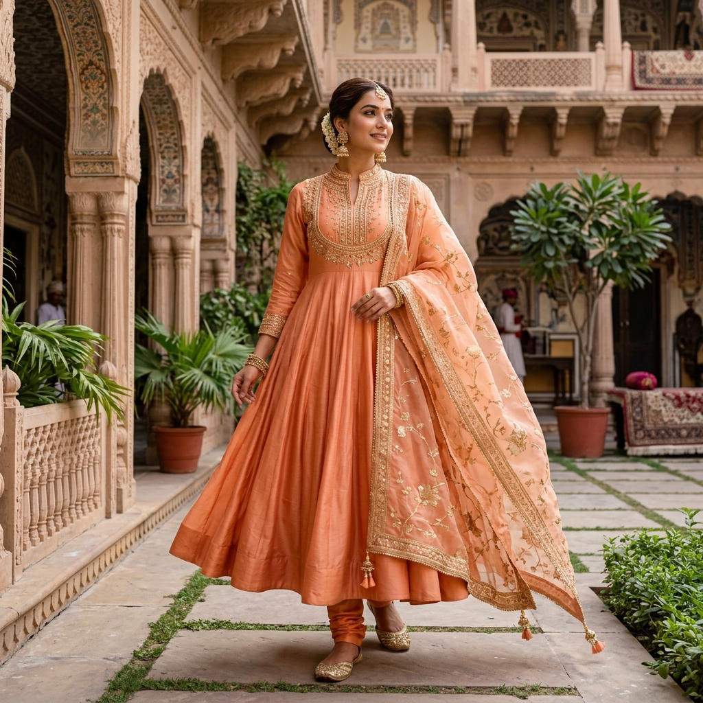 Peach Orange Silk Anarkali Suit with Dupatta