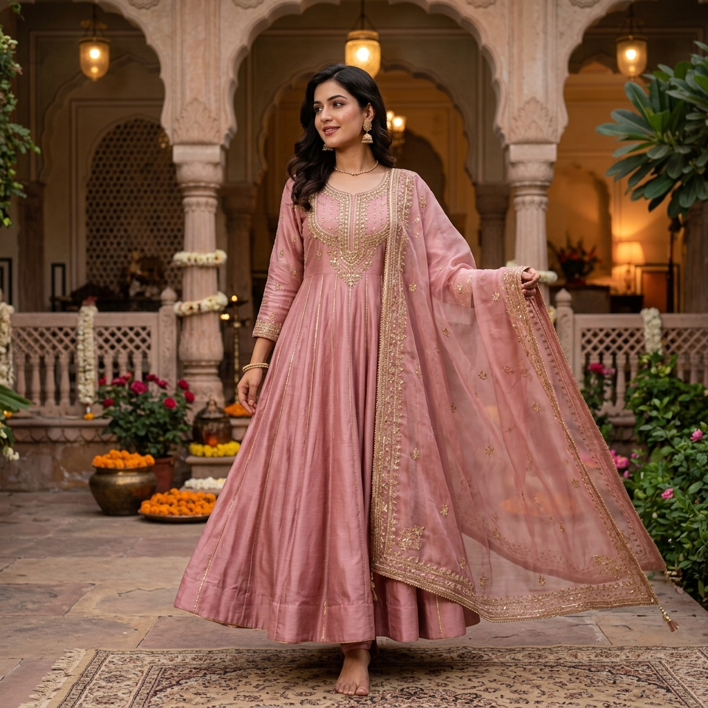 Dusty Pink Silk Anarkali Suit with Dupatta