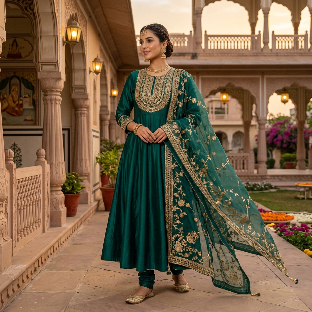 Teal Green Silk Anarkali Suit with Dupatta