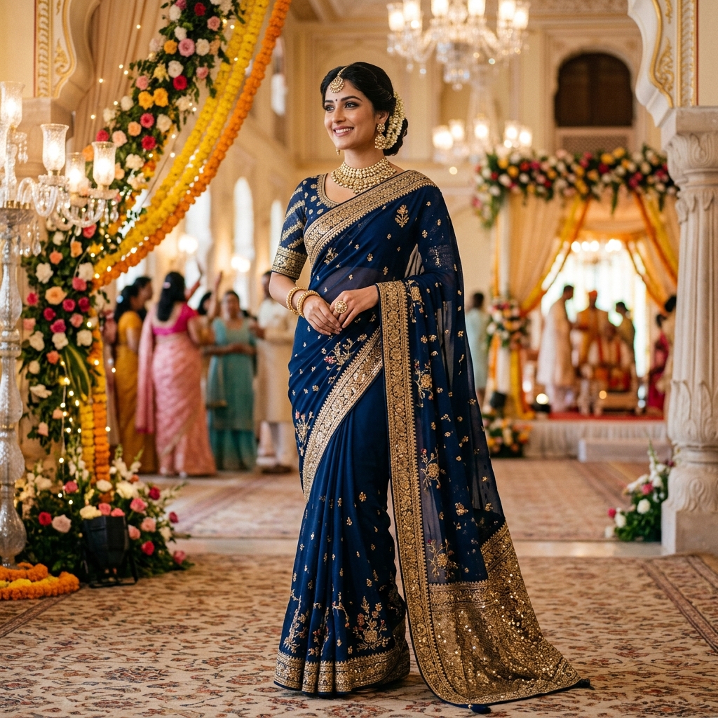 Navy Blue embroidered Georgette Saree