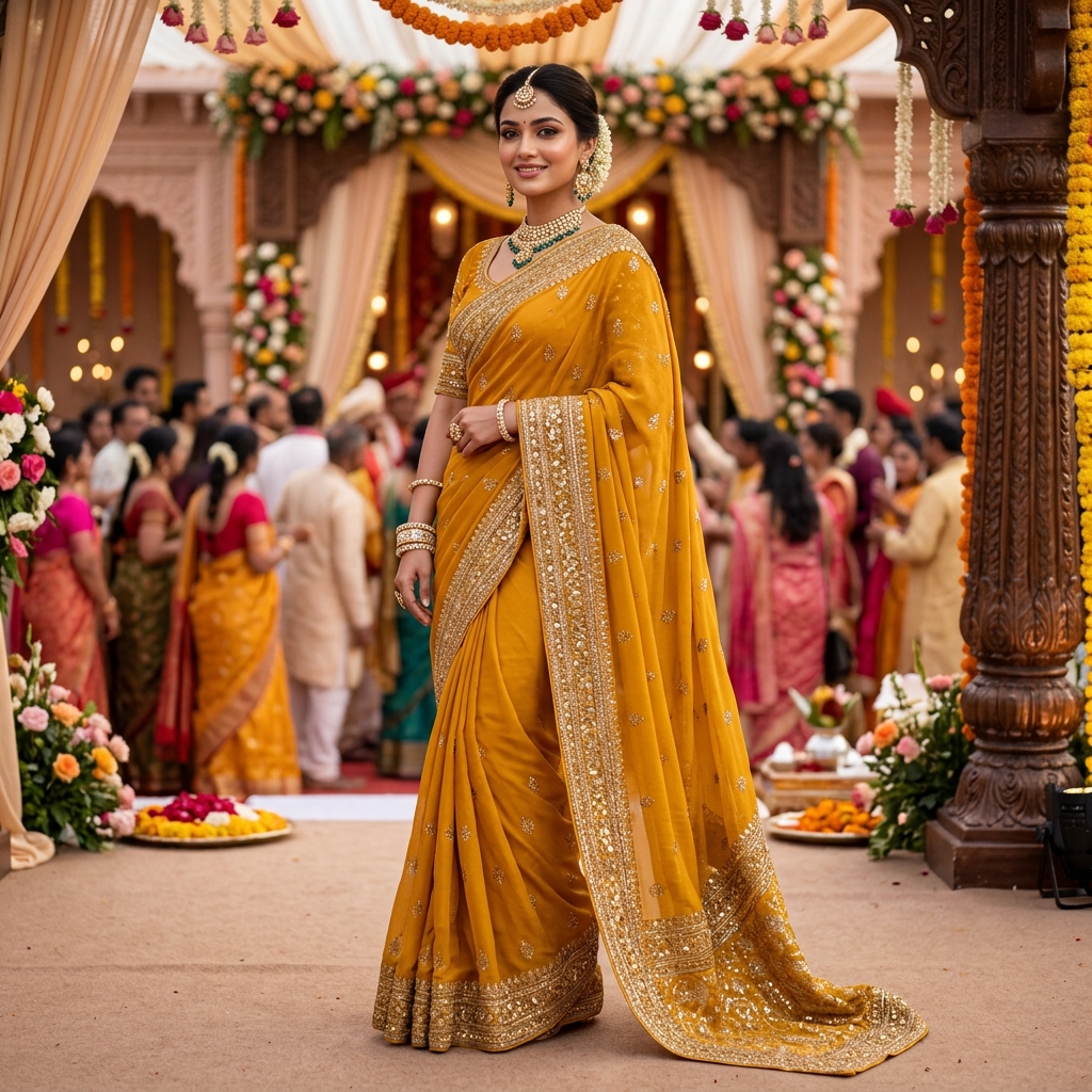 Mustard Yellow embroidered Georgette Saree