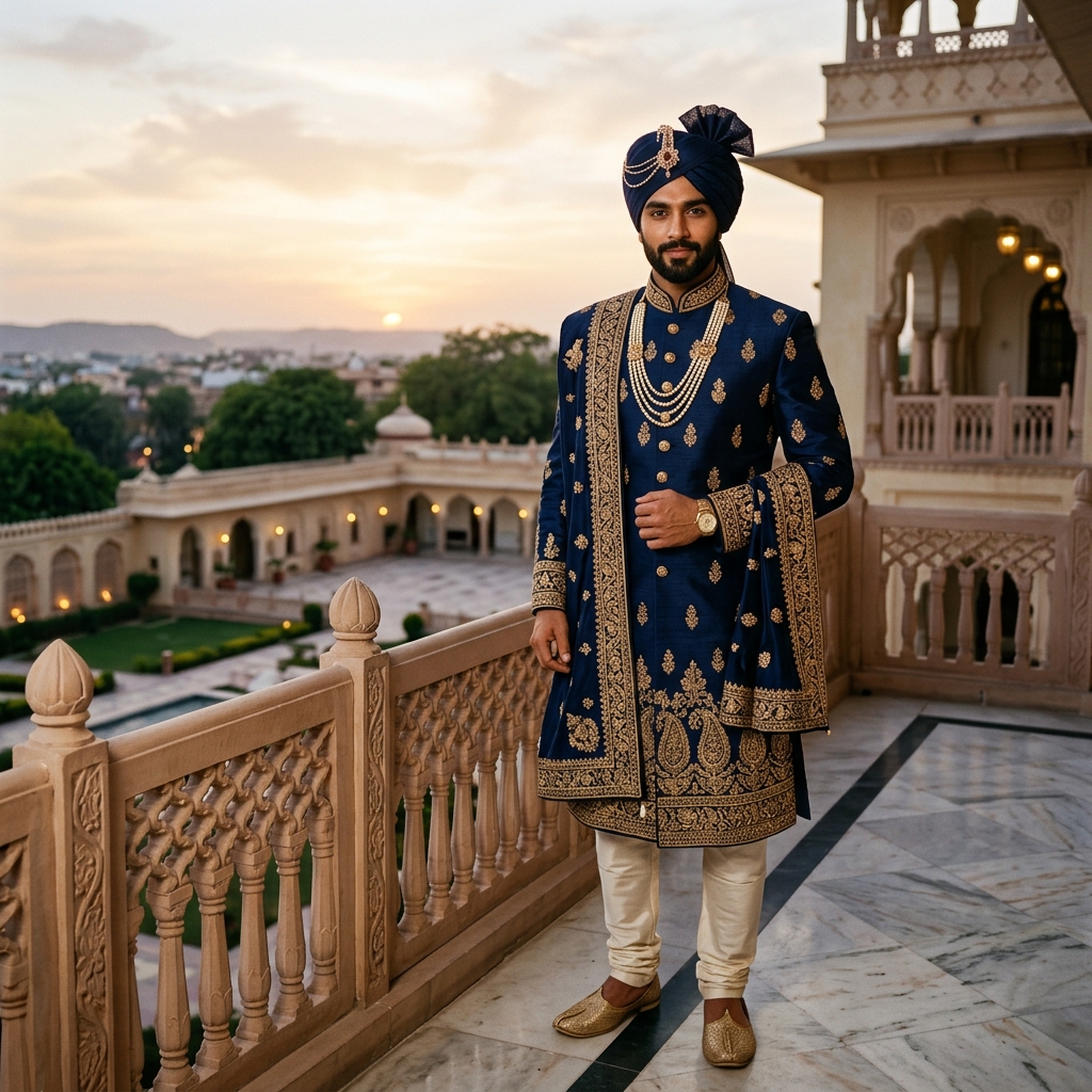 Deep Navy Designer Banarasi Sherwani