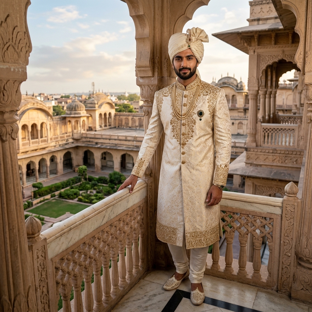 Ivory & Gold Designer Banarasi Sherwani